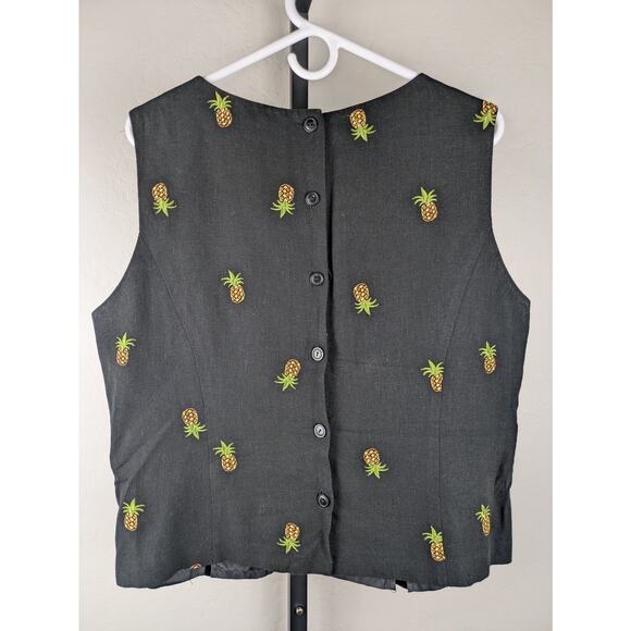Vintage embroidered pineapple print linen blend sleeveless top - Picture 2 of 7